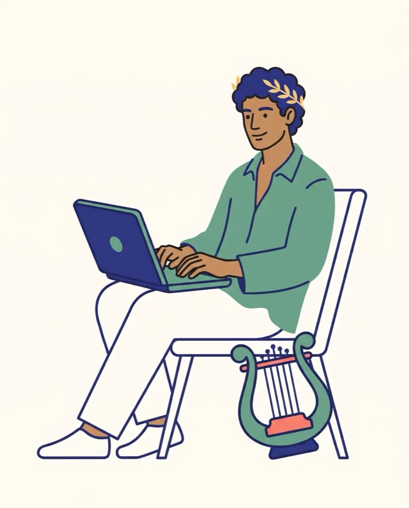 Orfeo al lavoro: scrive email al laptop, la lira accanto alla sedia